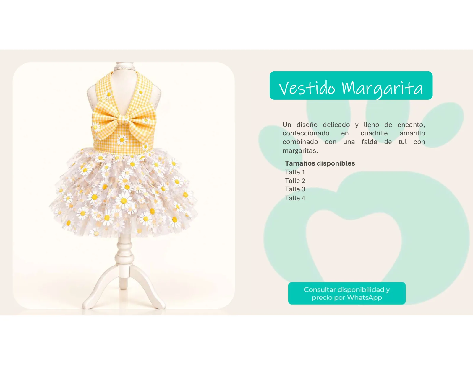 Página 7 de 33: Tamaños disponibles Talle 1 Talle 2 Talle 3 Talle 4 Un diseño delicado y lleno de encanto, confeccionado en cuadrille amarillo combinado con una falda