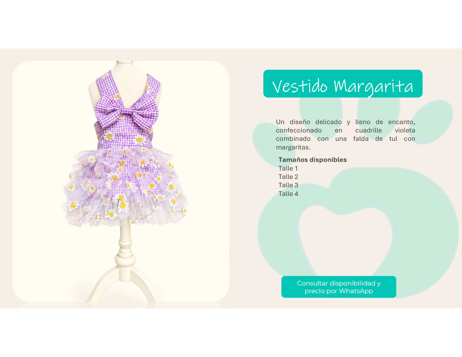 Página 8 de 33: Tamaños disponibles Talle 1 Talle 2 Talle 3 Talle 4 Un diseño delicado y lleno de encanto, confeccionado en cuadrille violeta combinado con una falda 