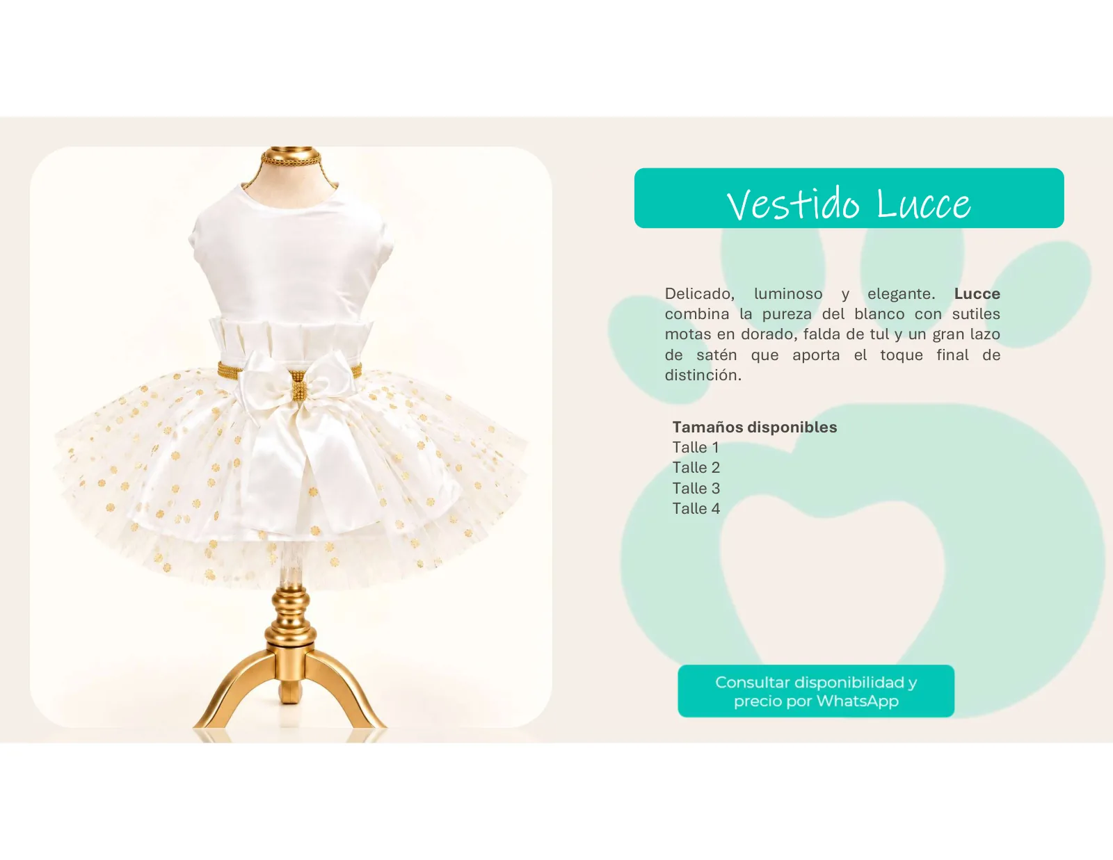 Página 23 de 33: Tamaños disponibles Talle 1 Talle 2 Talle 3 Talle 4 Delicado, luminoso y elegante. Lucce combina la pureza del blanco con sutiles motas en dorado, fal